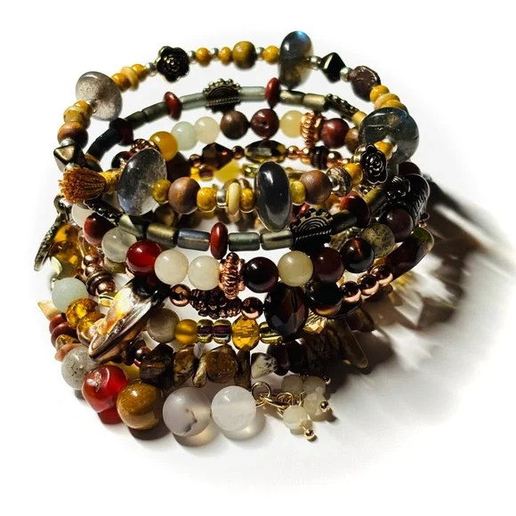 🆕 OOAK Bohemian Bead Mix Memory Wire Wrap Bracelet — Semi Precious Gemstone